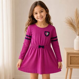 Gymboree Girls Long Sleeve Dress Round Neck Casual Fuchsia Heart Detail Size 5